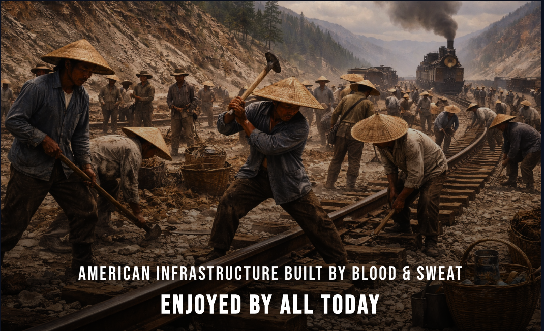 Railroad laborers laying track by hand with sledgehammers and shovels as a steam locomotive waits in a mountain pass. Caption: American infrastructure built by blood and sweat, enjoyed by all today.